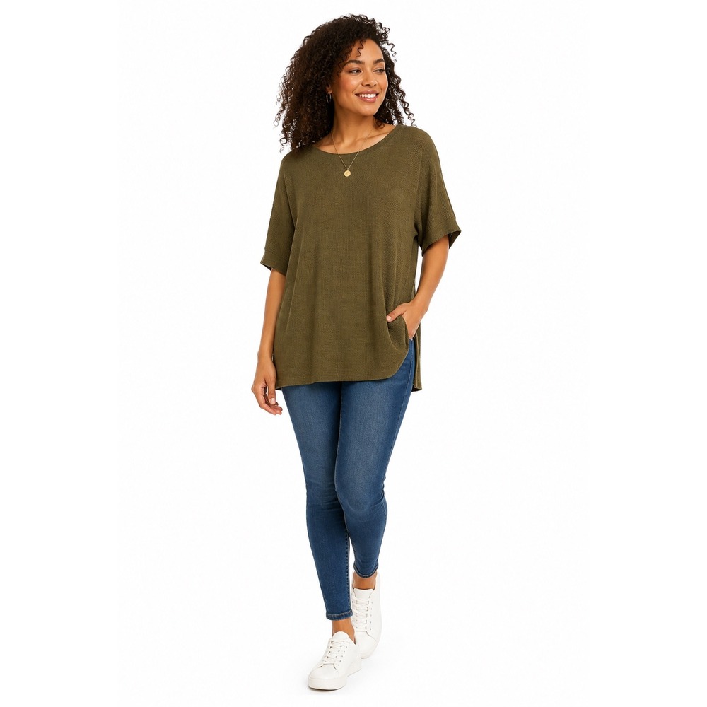 Talbots Olive Green Ribbed Knit Scoop Neck Short Sleeve Sweater Top NWT Size L